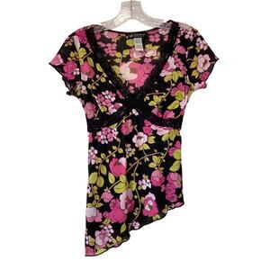 Vintage VTG Retro Y2K Hippie Micro Mesh Babydoll Top Sz M Asymmetrical Hem Lace